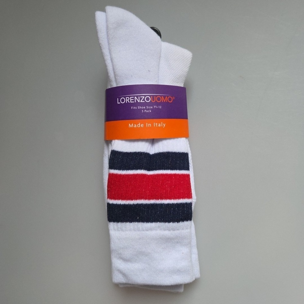LORENZO UOMO 3-PACK MENS COTTON SPORT CREW SOCKS WHITE W STRIPES OS 7.5-12 NWT